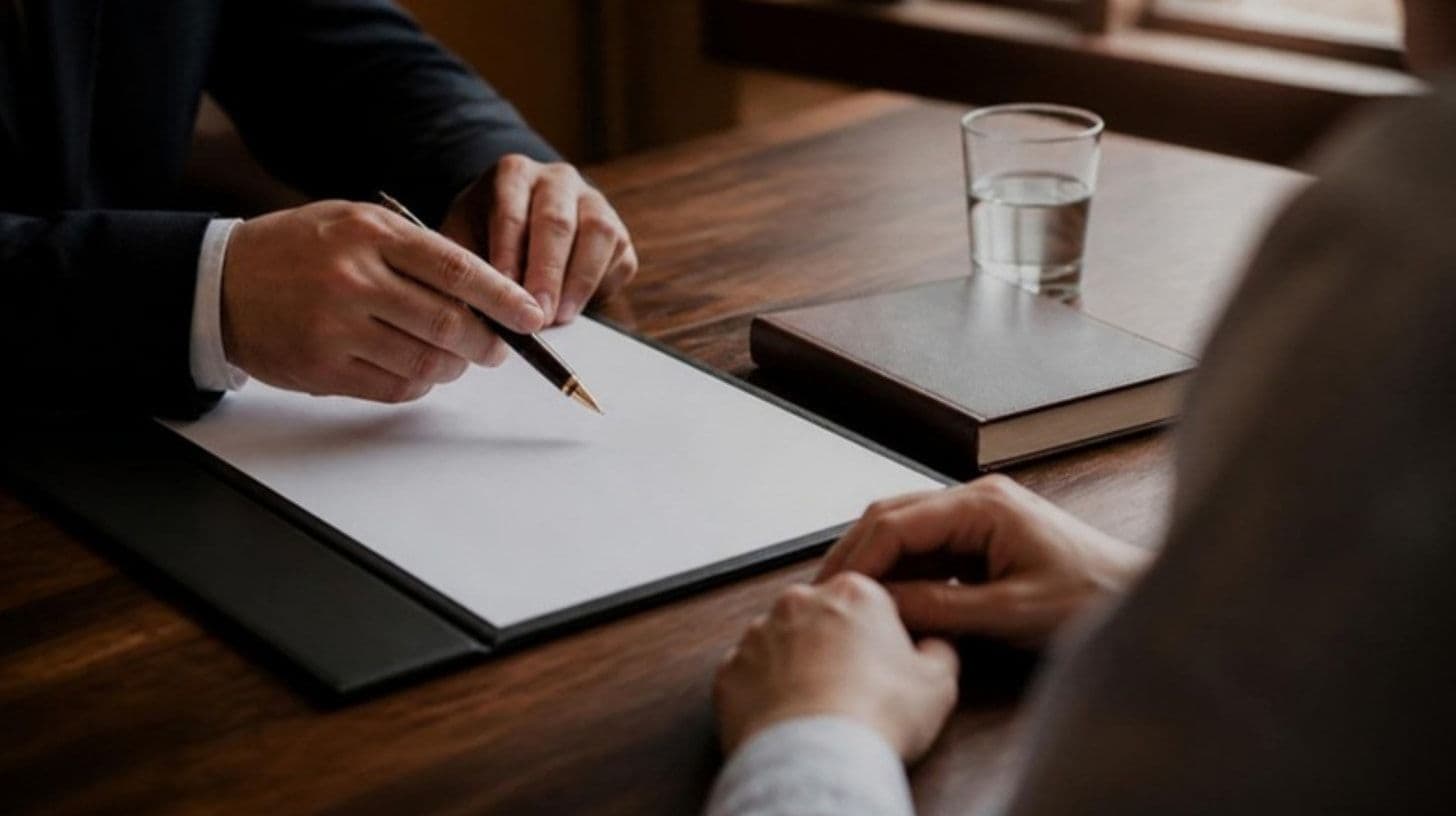 A lawyer's and a client's hands over documents on a desk