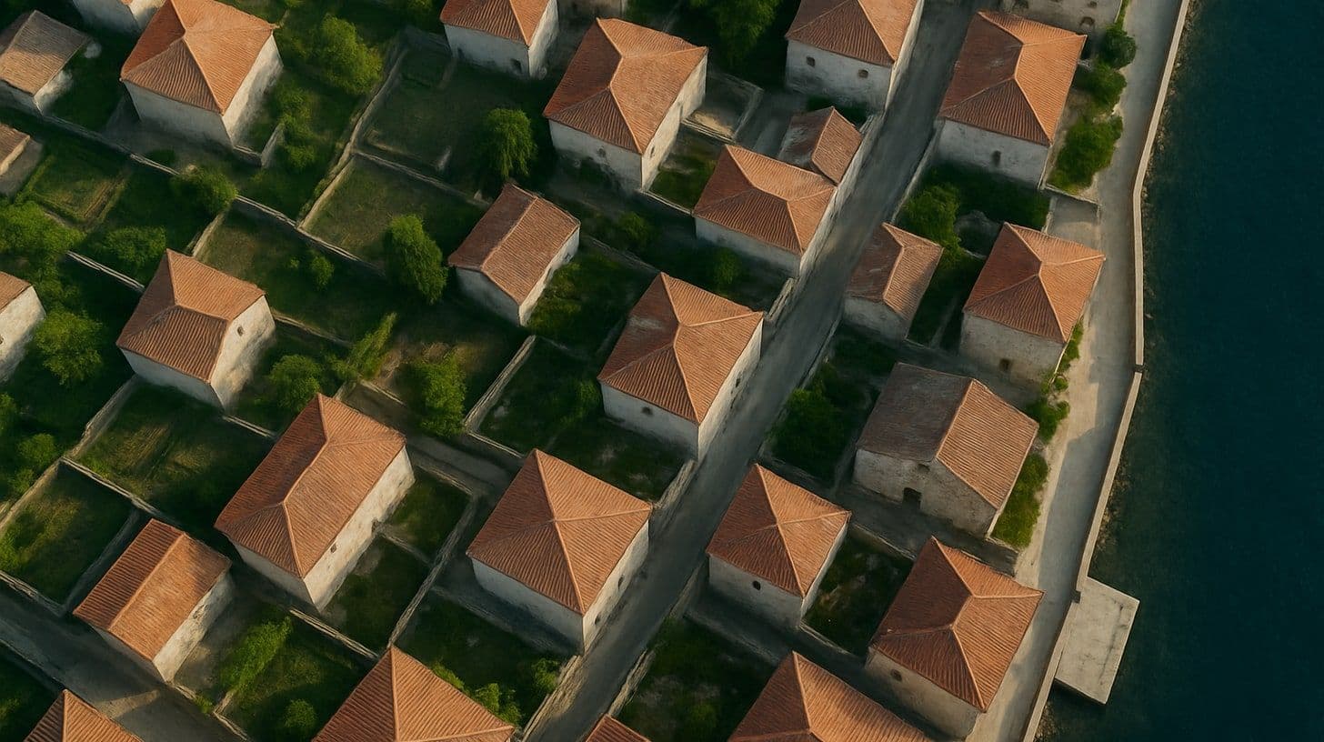 Veduta aerea di particelle, tetti e strade di una cittadina costiera, con i confini dei lotti ben visibili