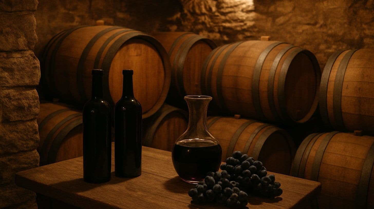 Boce vina bez etiketa i grozdovi na stolu u vinskom podrumu