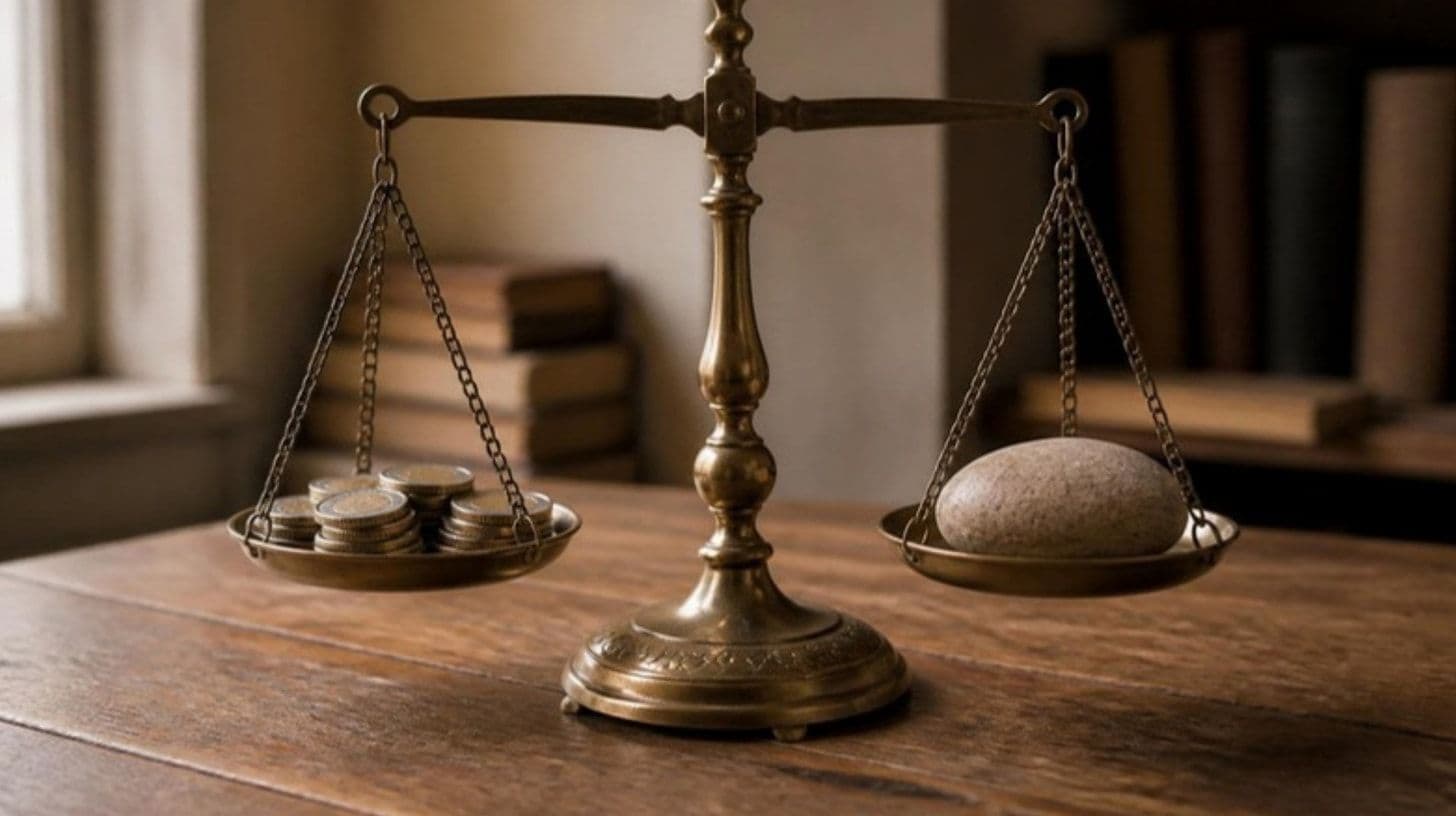 Una vecchia bilancia in ottone su un tavolo di legno con monete in euro su un piatto e una pietra sull'altro