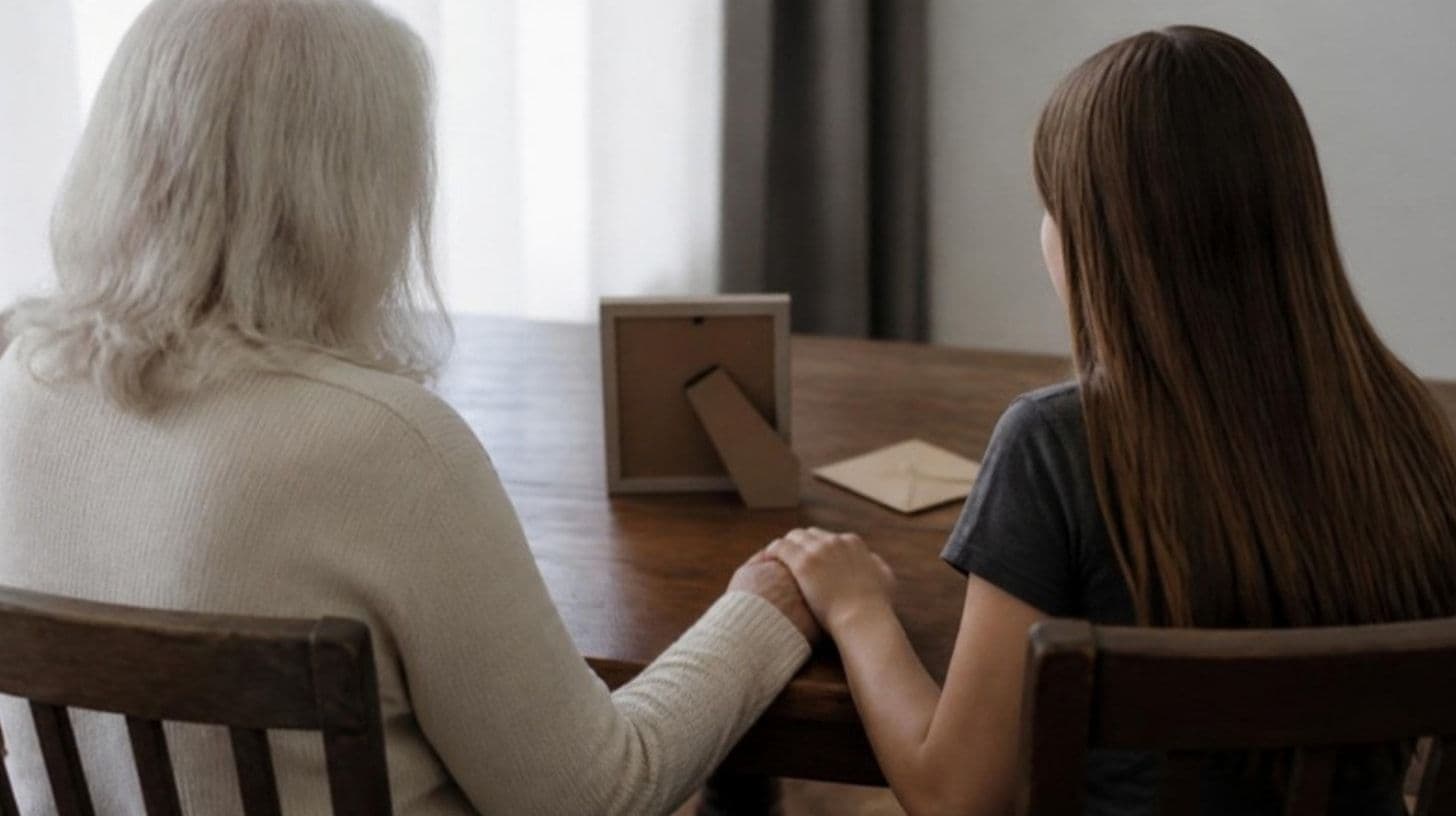 An older woman holding a teenager's hand at a wooden table