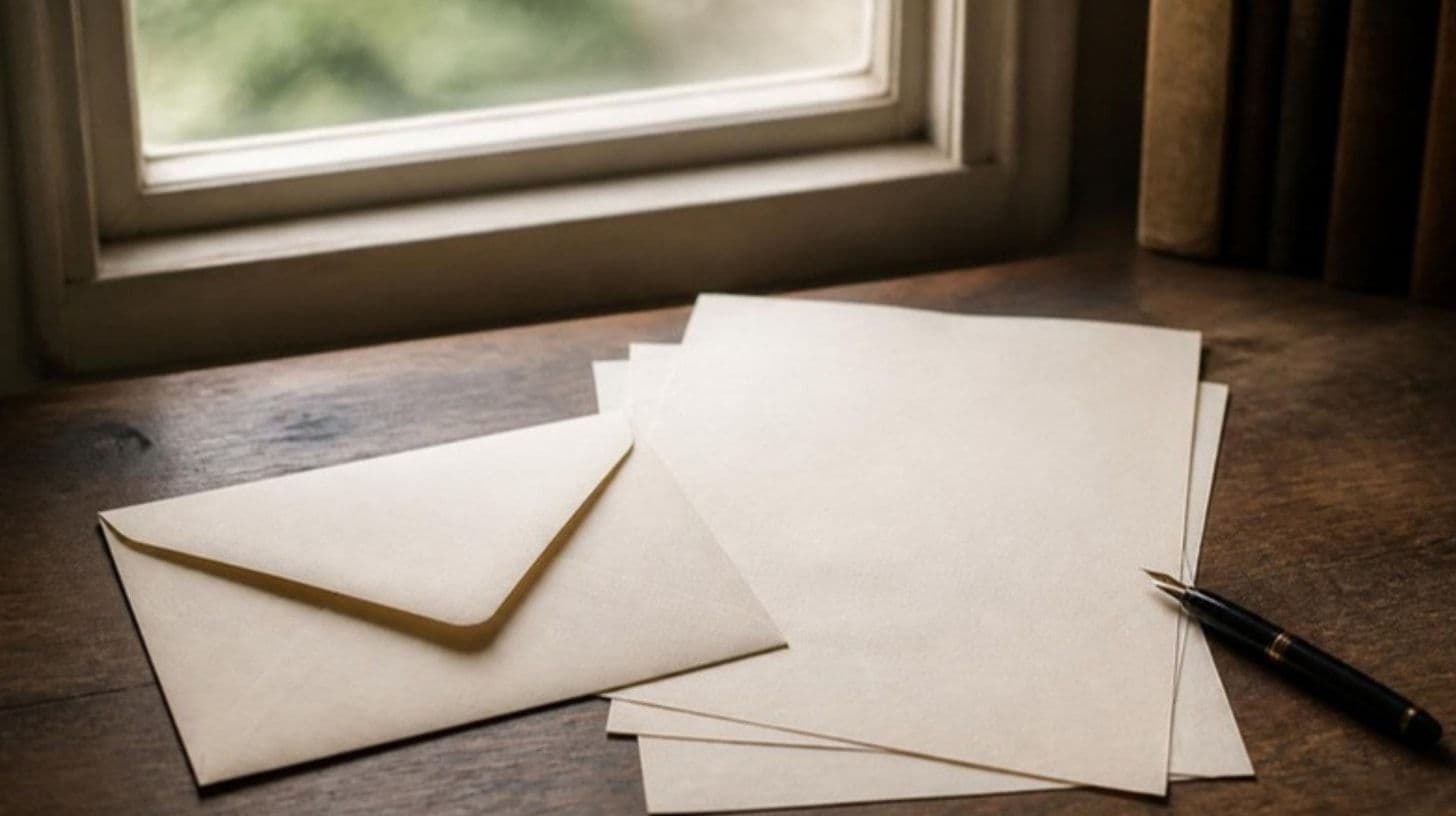 An envelope and sheets of paper on a wooden desk