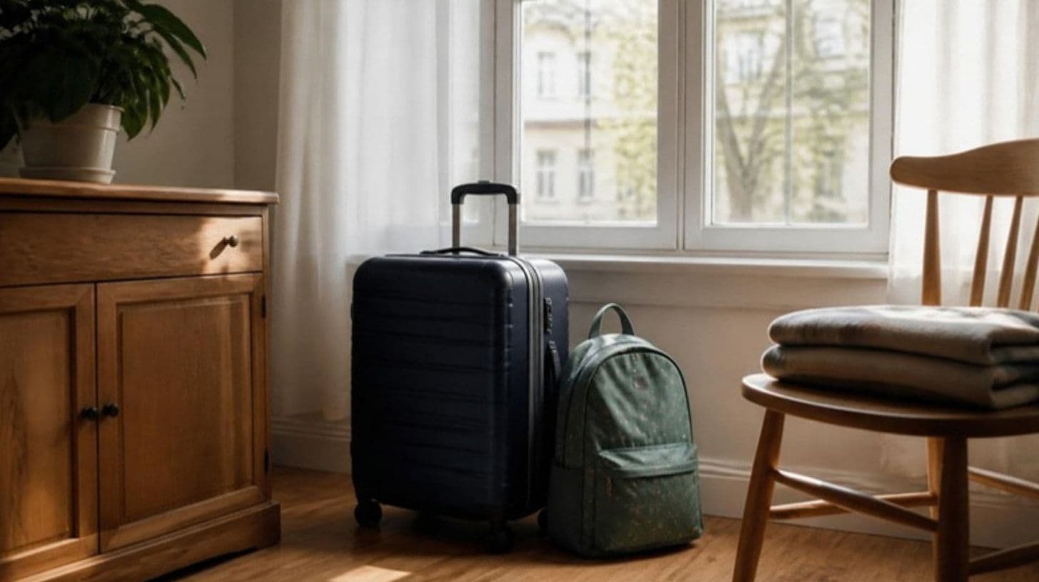 A suitcase and a backpack by the window of a bright flat