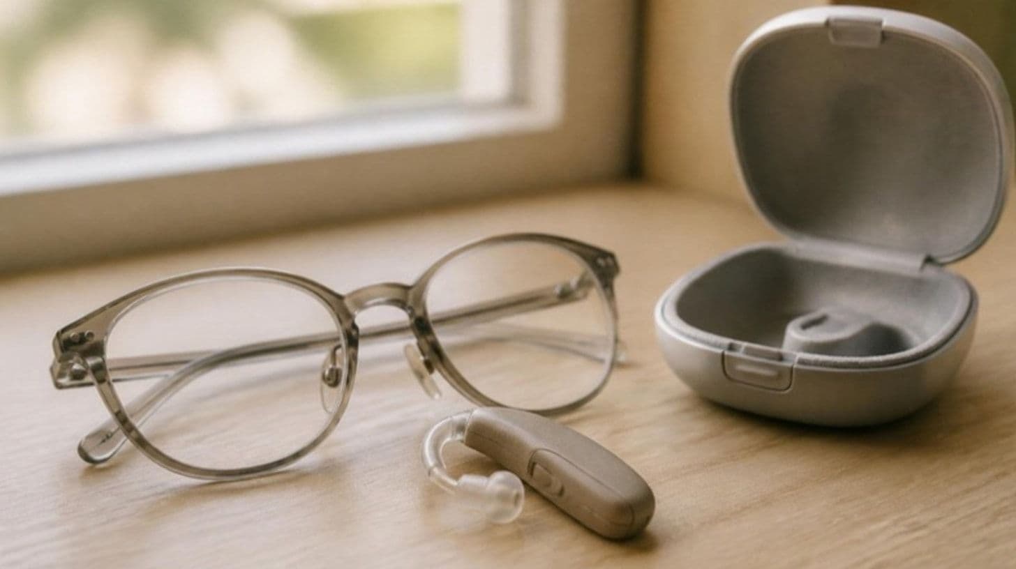 Glasses and a hearing aid on a wooden table by a window