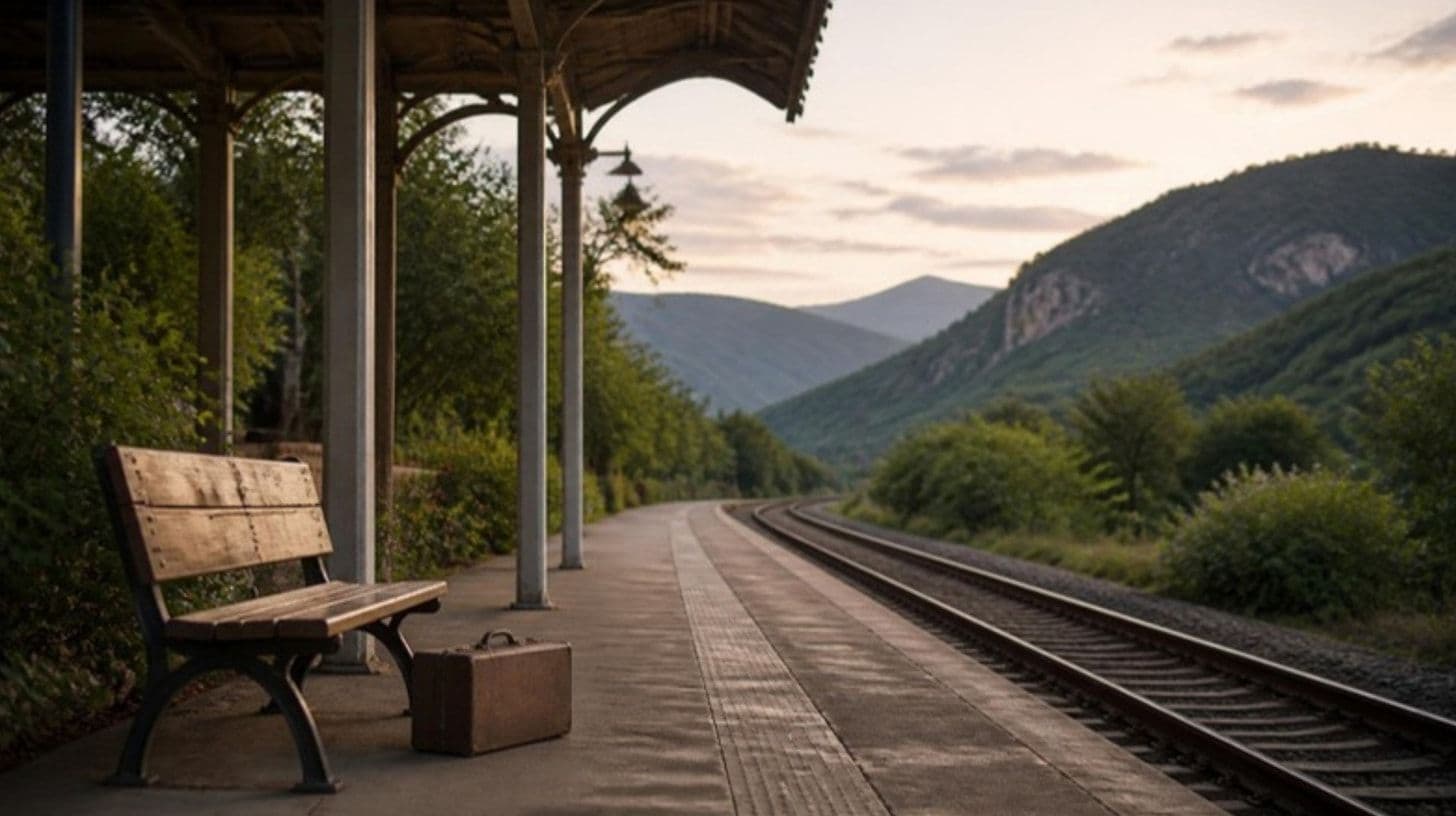 Un binario vuoto con una panchina e una valigia in una stazione di montagna