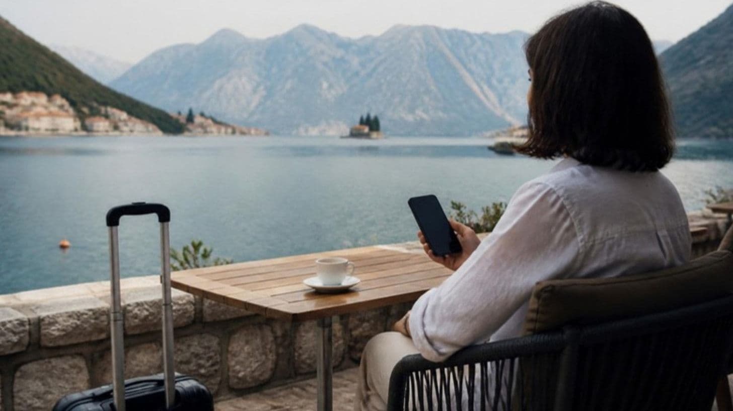 A traveller holding a mobile phone on a terrace overlooking a bay
