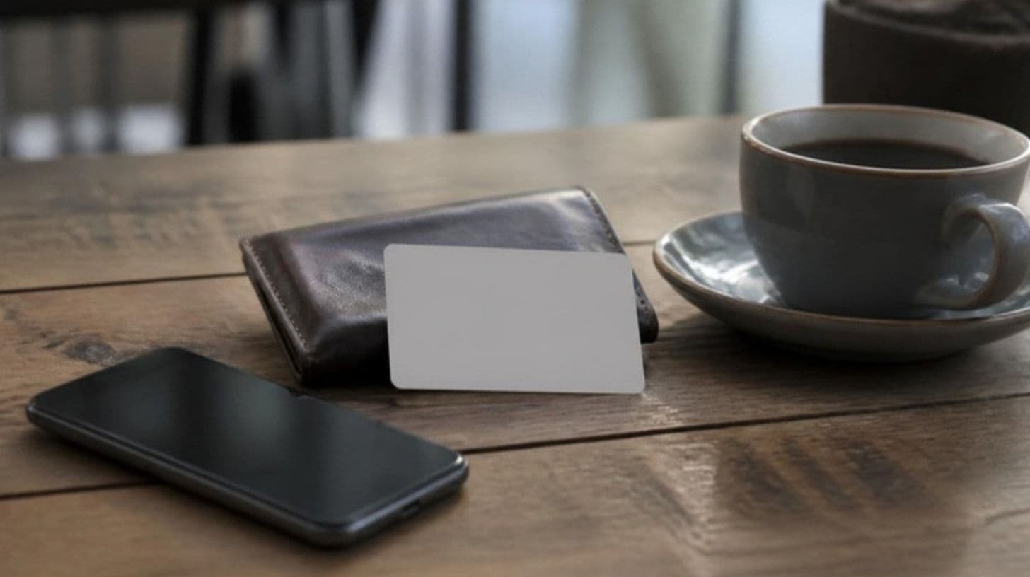 A payment card, a wallet and a phone on a table next to a cup of coffee