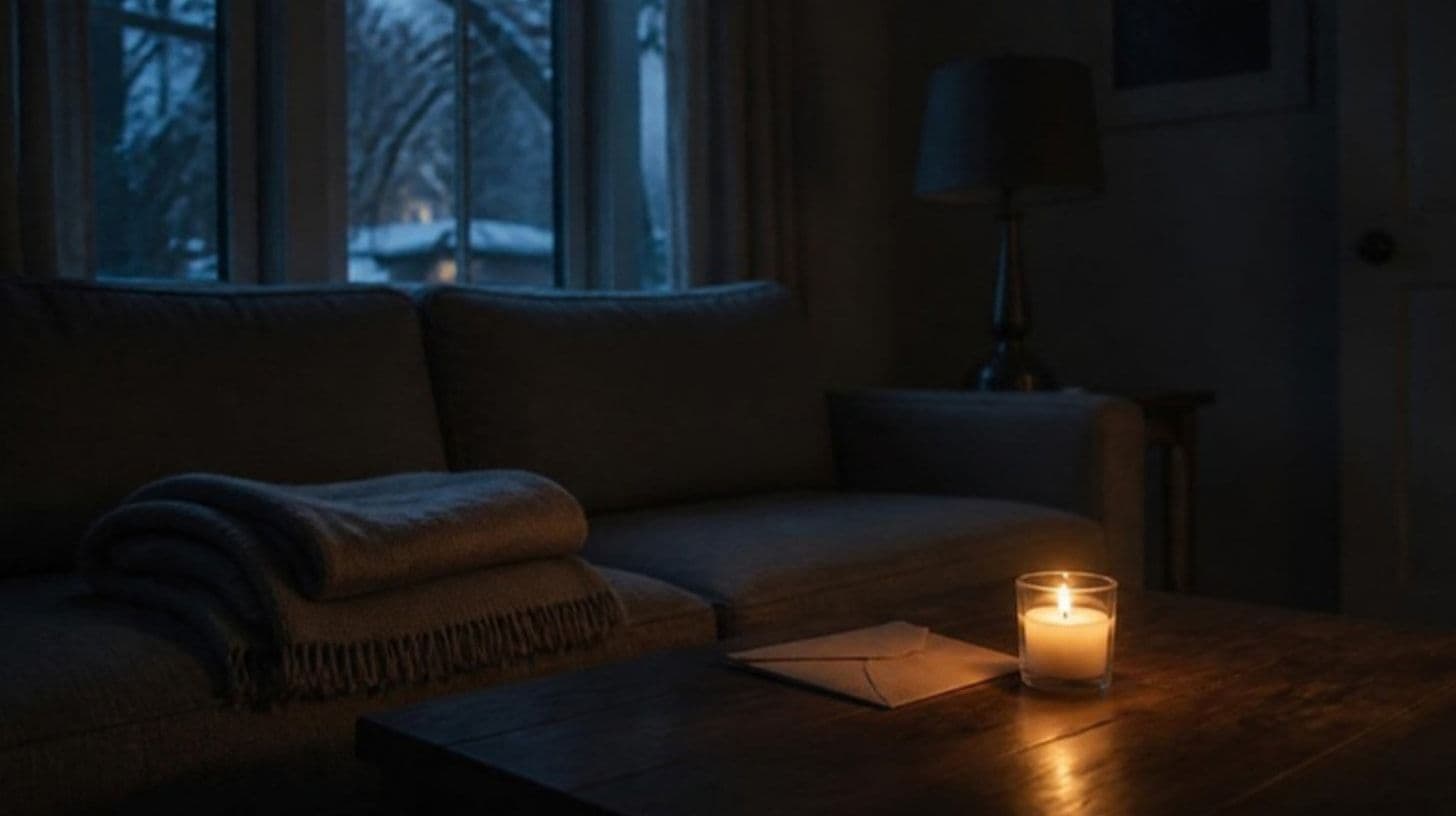 Ugašena lampa, upaljena svijeća, koverta i ćebe u dnevnoj sobi u zimski sumrak