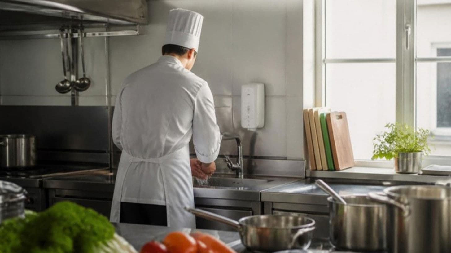 A cook in a white uniform washing hands in a professional kitchen