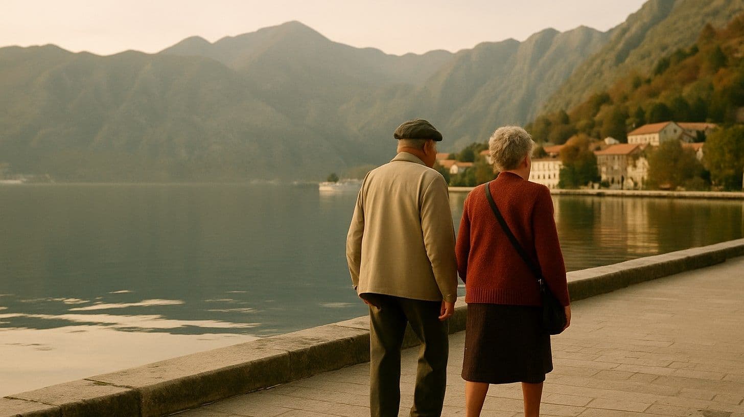 An older couple walking along the Kotor waterfront in autumn light with the bay and mountains behind