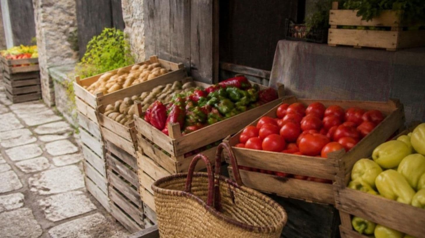 Un banco del mercato con pomodori, peperoni e patate in cassette di legno e un cesto intrecciato