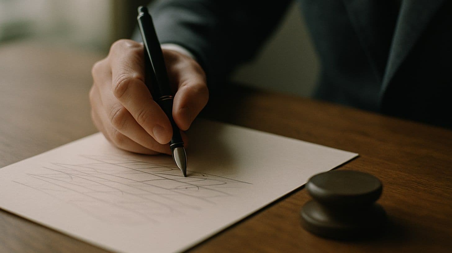 Una mano firma un documento con una stilografica su una scrivania di legno accanto a un timbro