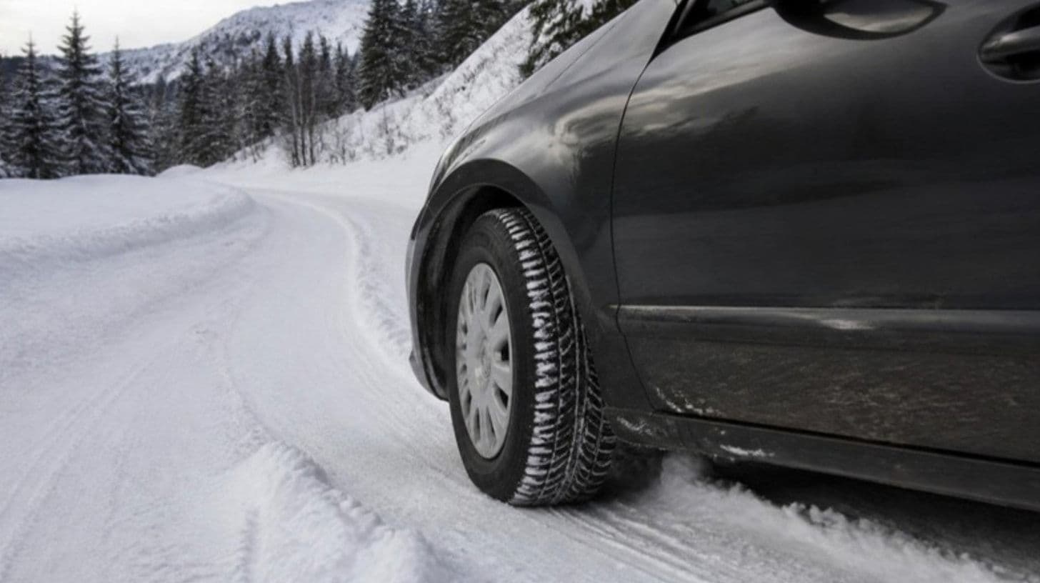 A car with winter tyres on a snowy mountain road