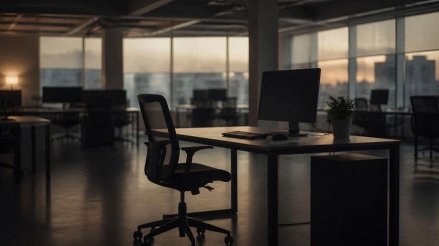Ein leeres Büro mit Schreibtisch, Stuhl und ausgeschaltetem Monitor