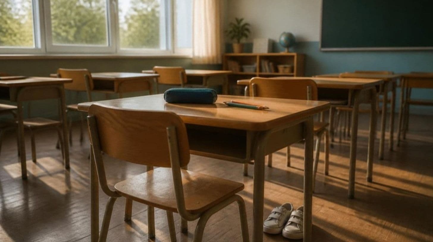 An empty sunny classroom with small wooden desks, a pencil case, coloured pencils and children's sneakers