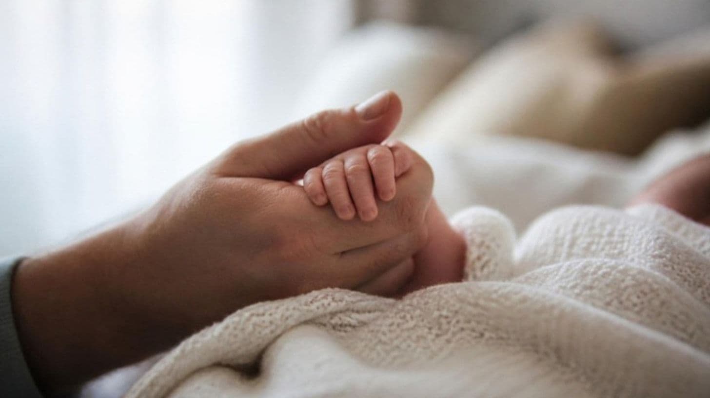 A parent holding a newborn's hand in a bright room