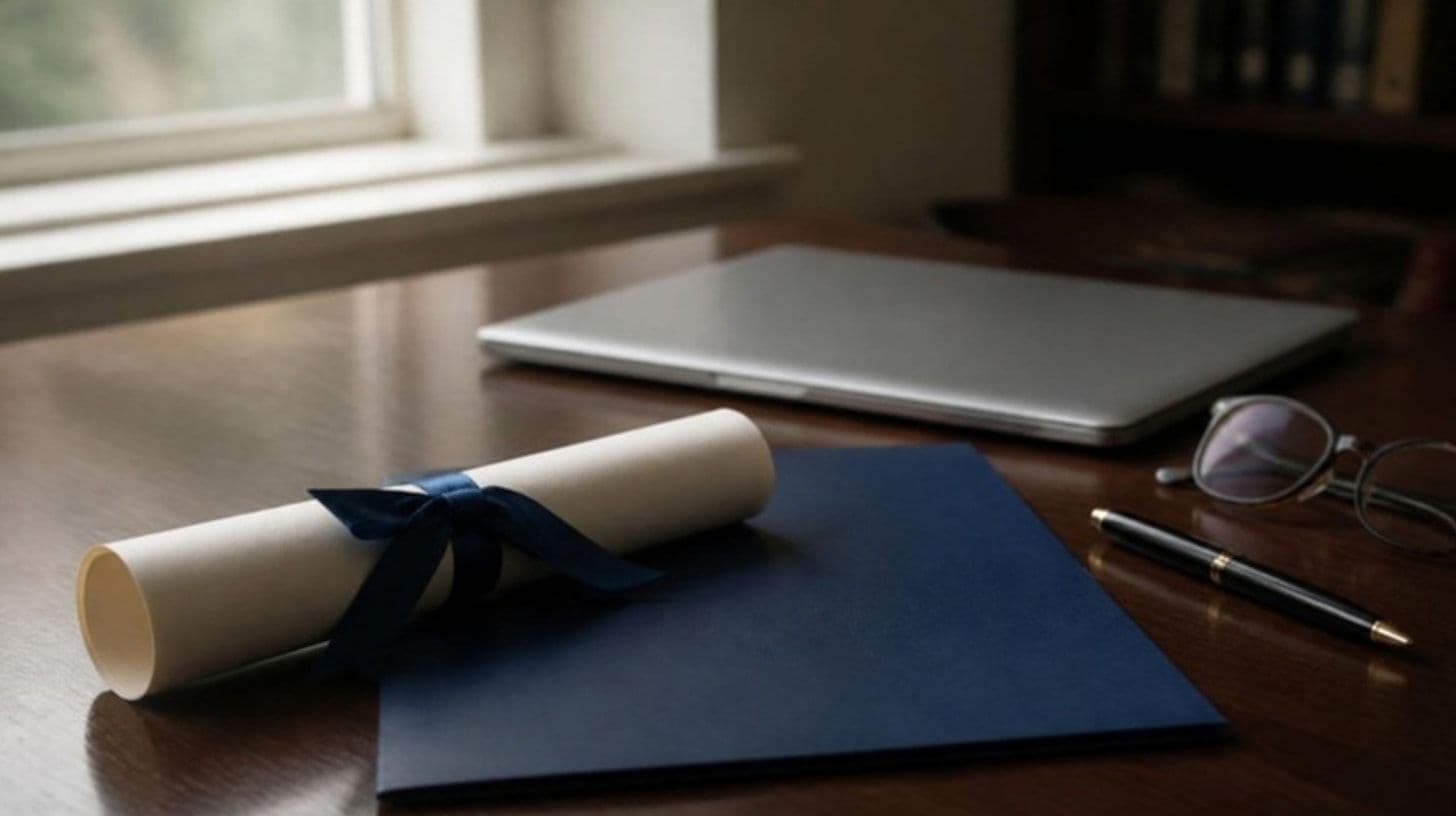 A diploma in a folder and a laptop on a desk next to glasses and a pen