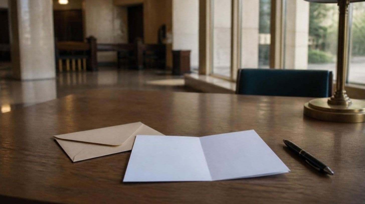 Una busta e una penna su una scrivania di legno vicino alla finestra