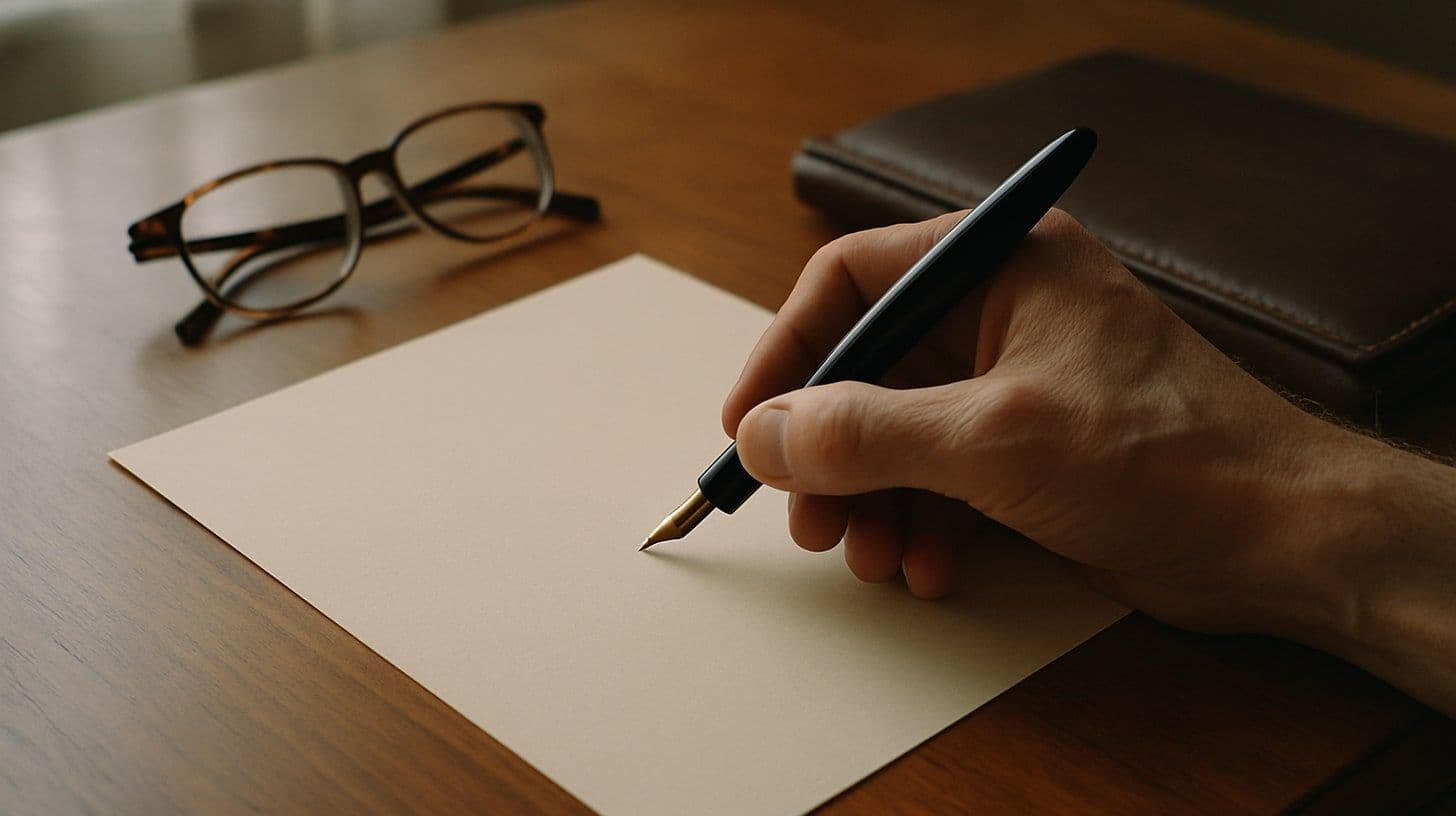 يد تكتب بقلم حبر على ورقة بيضاء فوق مكتب خشبي بجانب نظارة قراءة