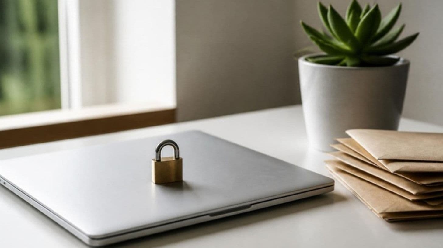 Ein zugeklappter Laptop mit einem kleinen Vorhängeschloss auf einem weißen Schreibtisch neben verschlossenen Umschlägen