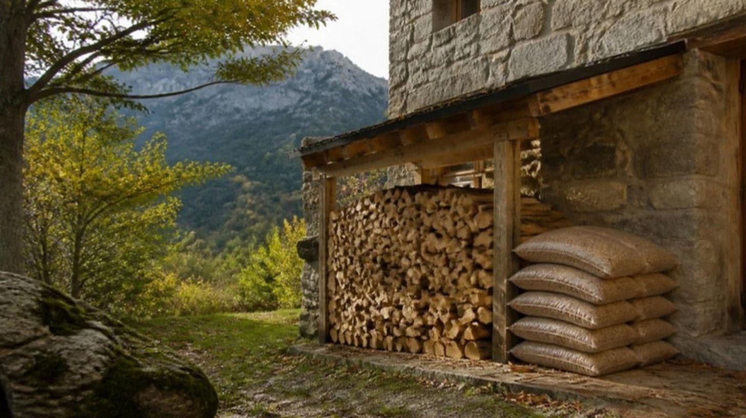 Legna spaccata accatastata e sacchi di pellet davanti a una casa in pietra