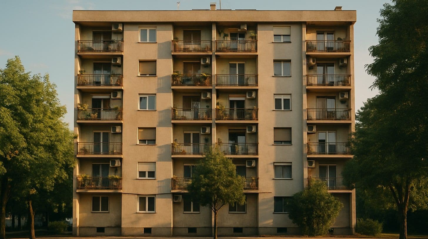 Un condominio a Podgorica nella luce del pomeriggio, visto dalla strada con balconi e finestre