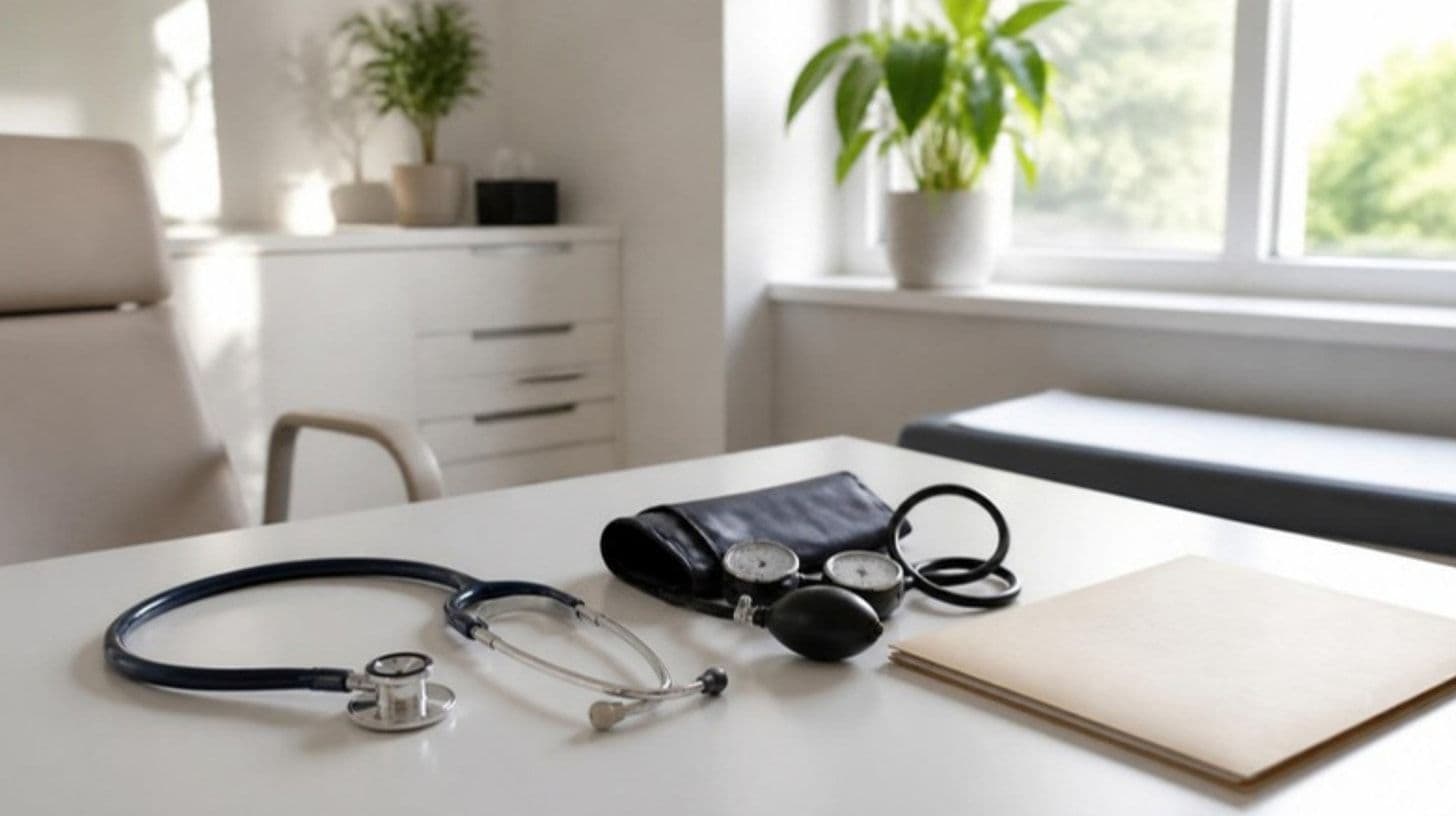 A white desk in an occupational medicine clinic with a stethoscope, a blood pressure cuff and a closed folder