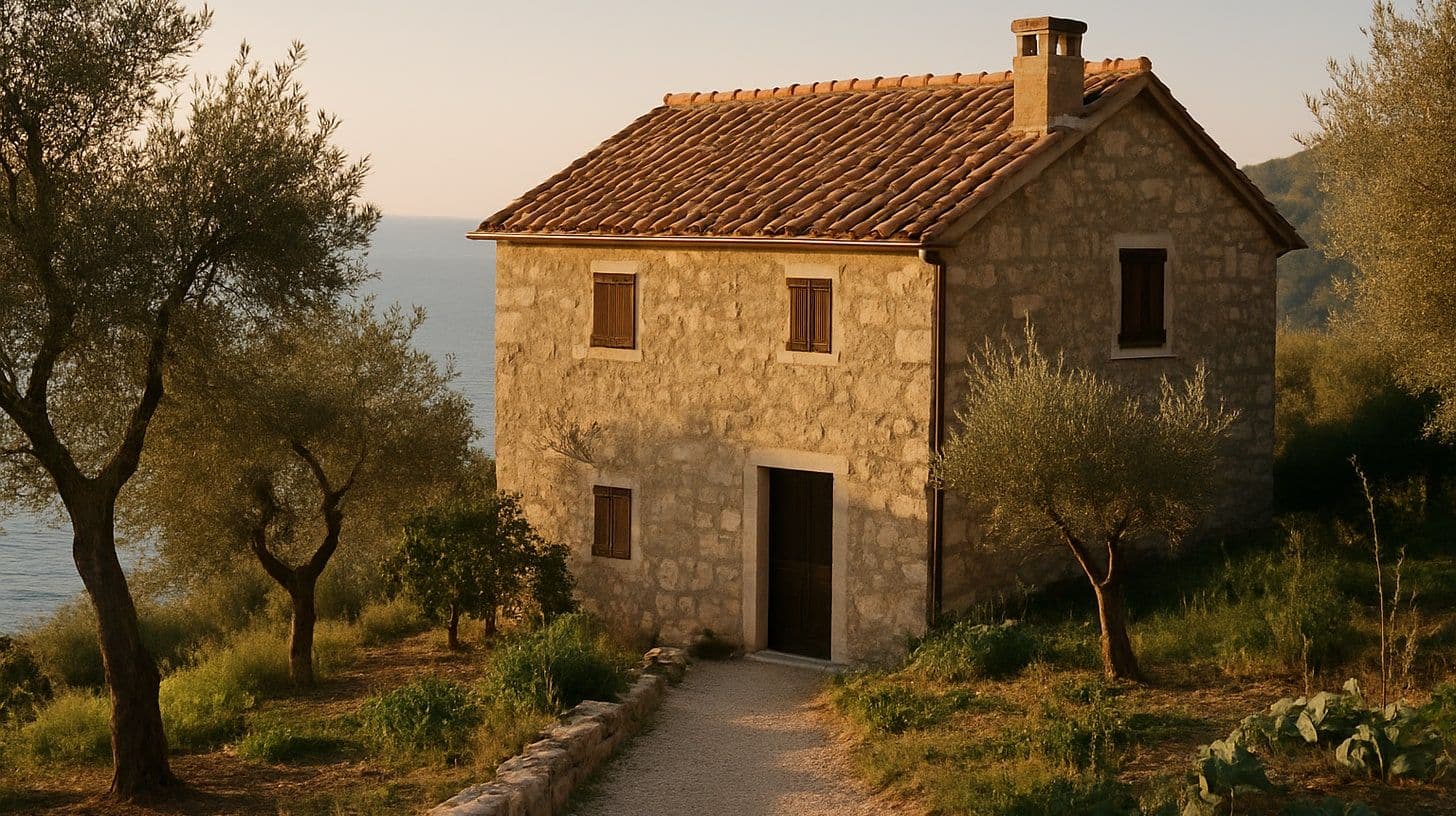 Una casa in pietra con giardino e ulivi su un pendio sopra il mare