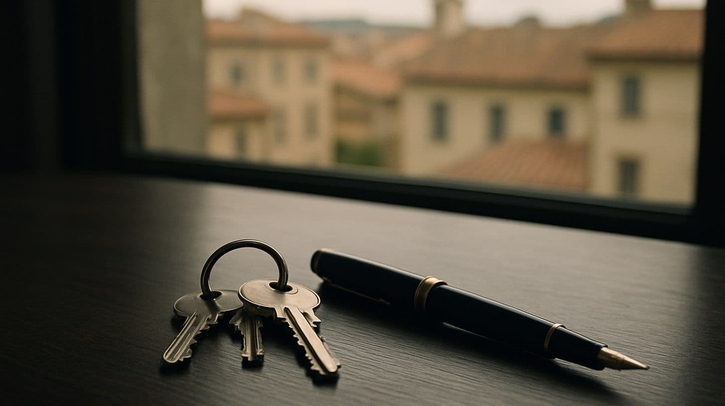 Chiavi di un appartamento e una penna stilografica su una scrivania, dietro una finestra sfocata sulla città