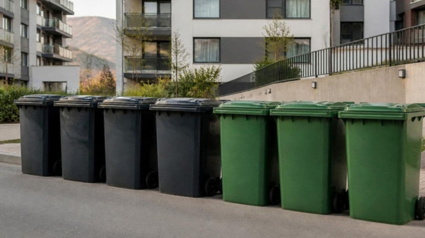 Una fila di cassonetti verdi e grigi chiusi in una strada pulita davanti a condomini
