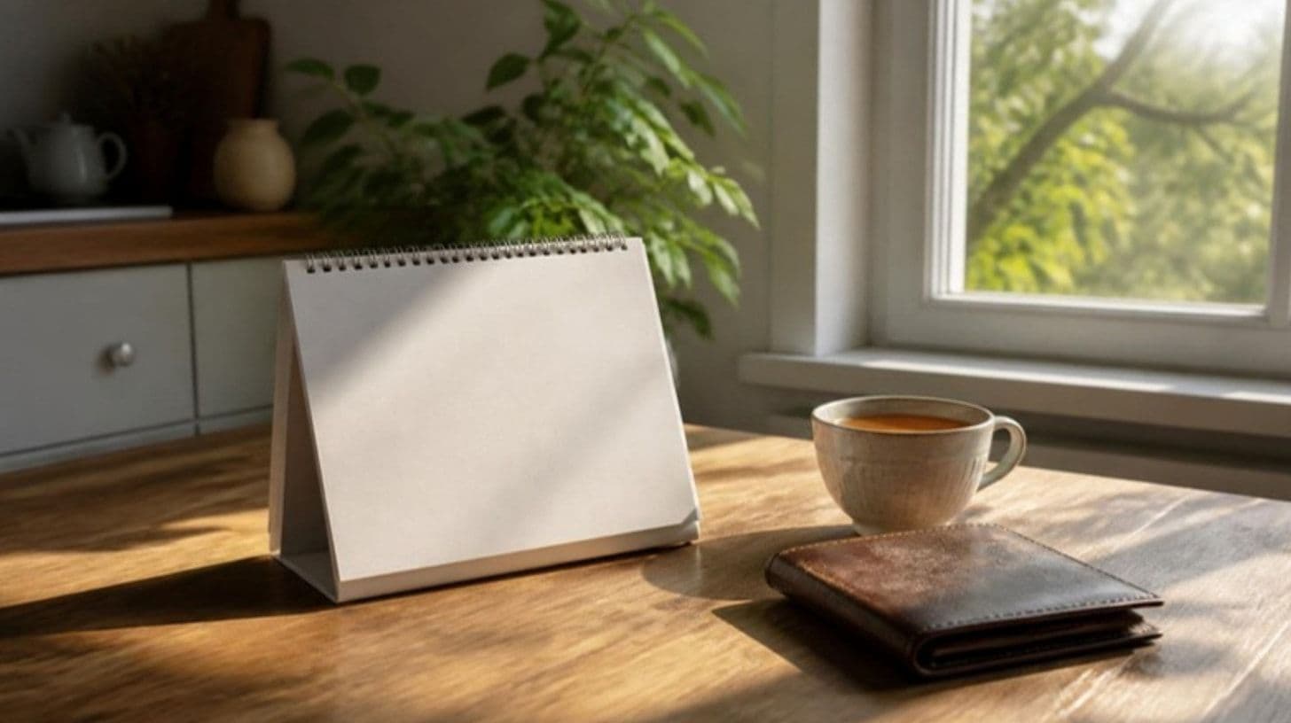 A desk calendar without numbers, a cup of tea and a wallet on a kitchen table by a window