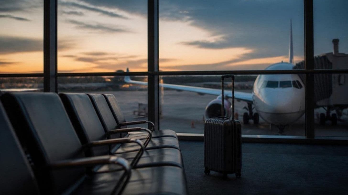 An empty airport waiting area with a suitcase and a plane behind the glass