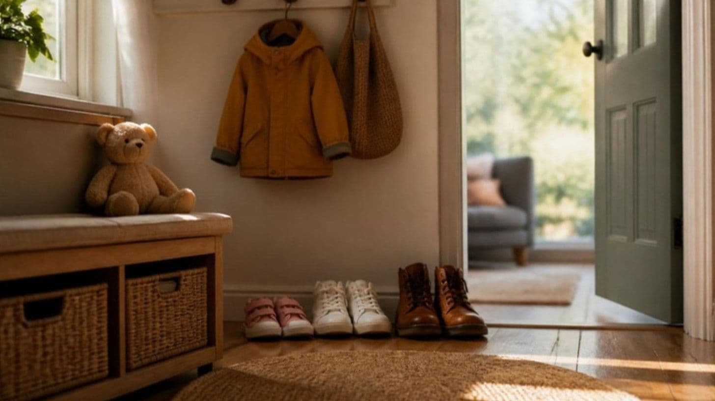 Small children's shoes next to adult shoes at the entrance of a family home