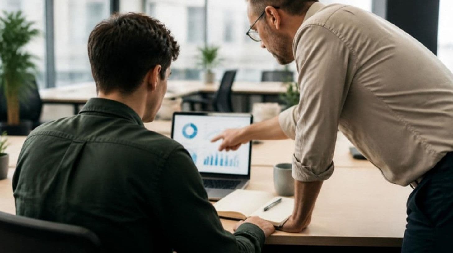 A young graduate at an office desk learning the job from an experienced colleague