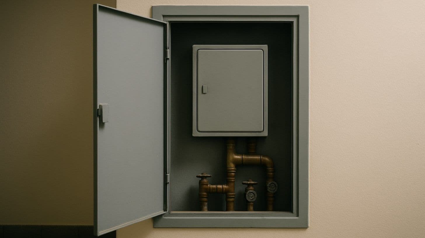 Armadietto con la cassetta chiusa del contatore elettrico e i tubi dell'acqua nel corridoio di un condominio