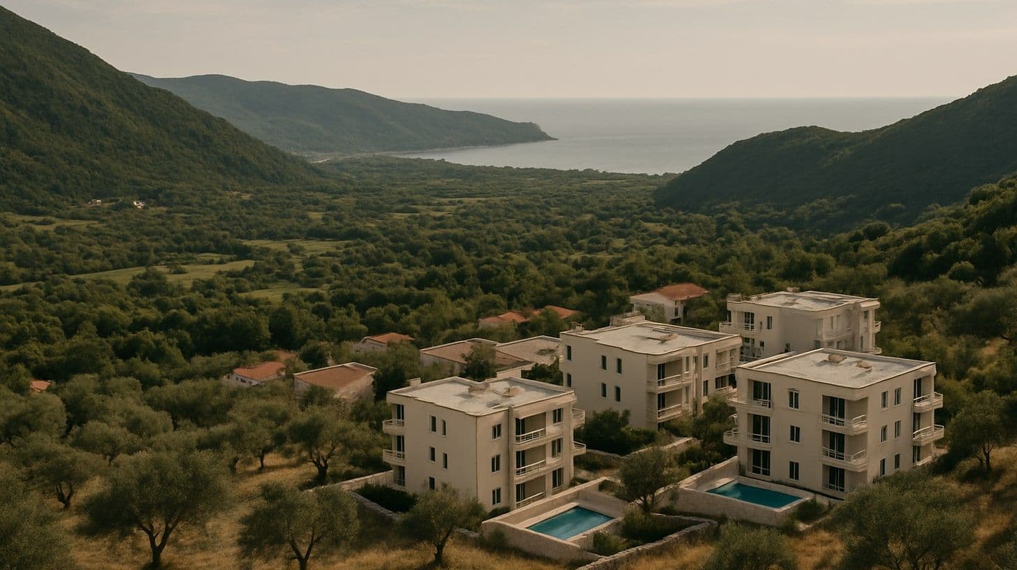 Grbalj'da zeytin ağaçları arasında küçük havuzlu yeni alçak apartmanlar ve uzakta deniz