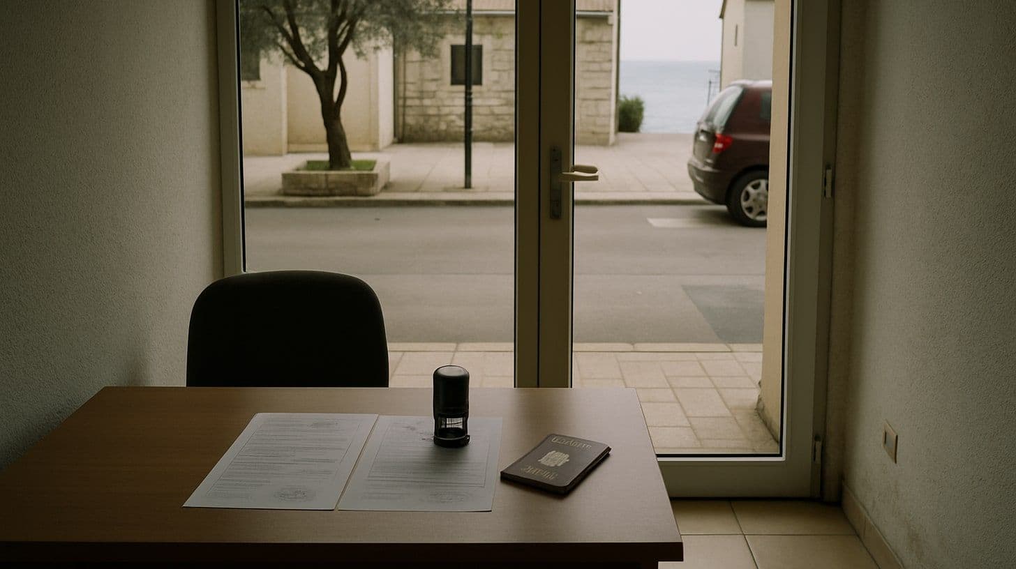 A small office in Budva with stamped Montenegrin company registration papers and a passport on the desk