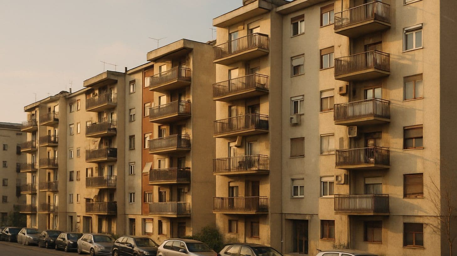Stambene zgrade u Podgorici u popodnevnom svjetlu, balkoni i ulica sa parkiranim automobilima