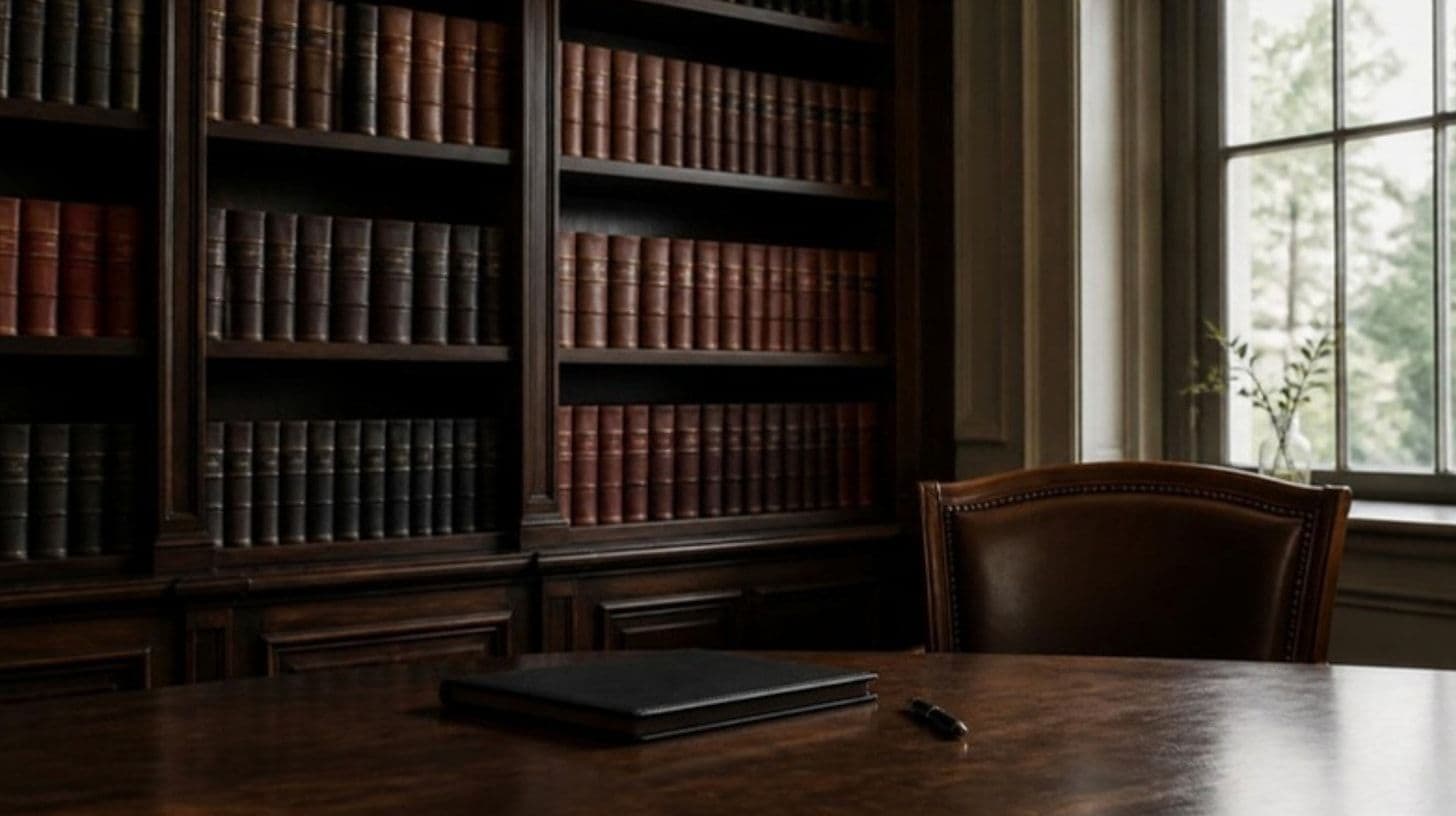 Uno studio con libreria e una scrivania vuota