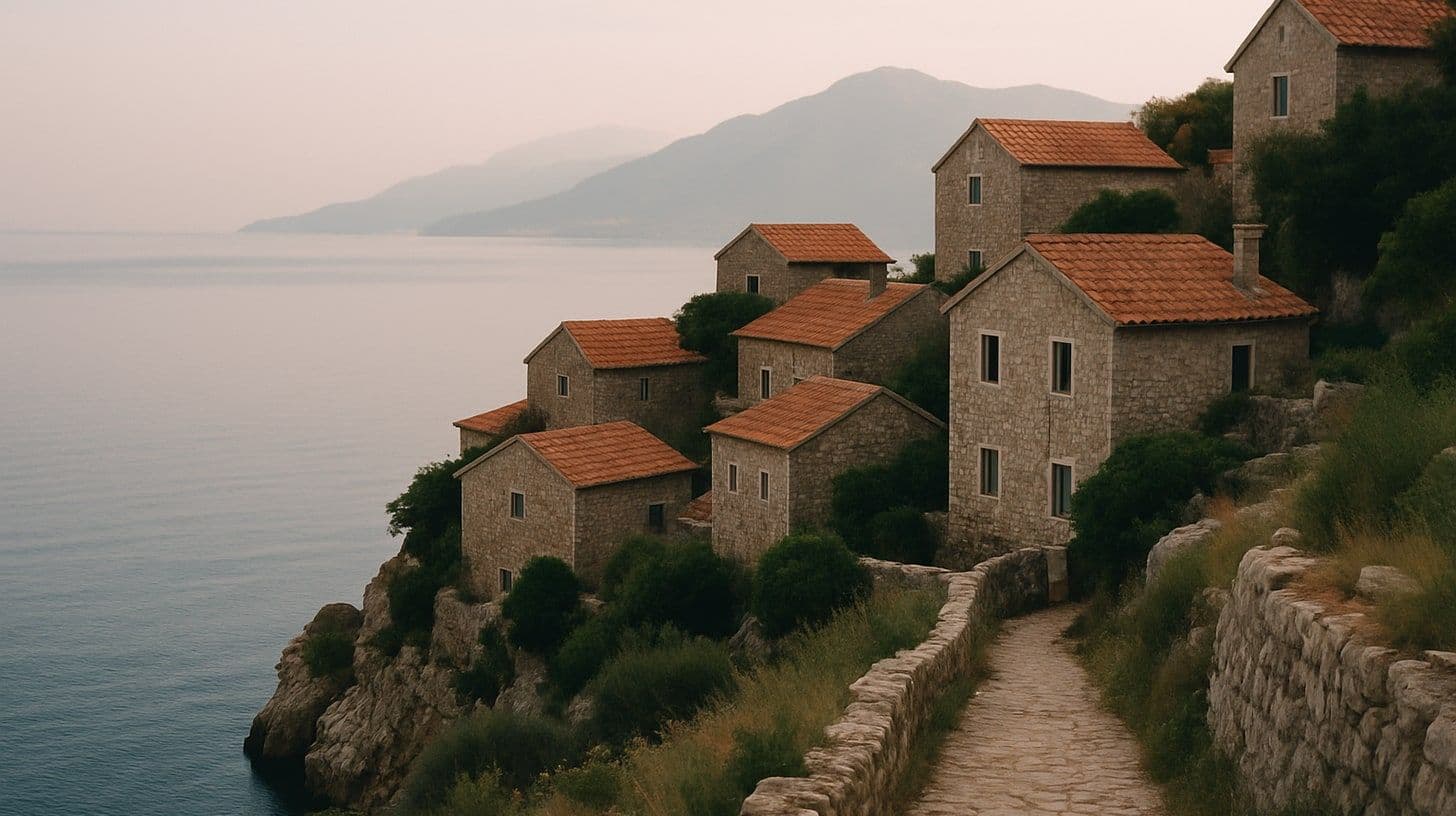 Case in pietra con tetti di terracotta sopra l'Adriatico sulla costa montenegrina, viste da un sentiero in collina nella luce del mattino