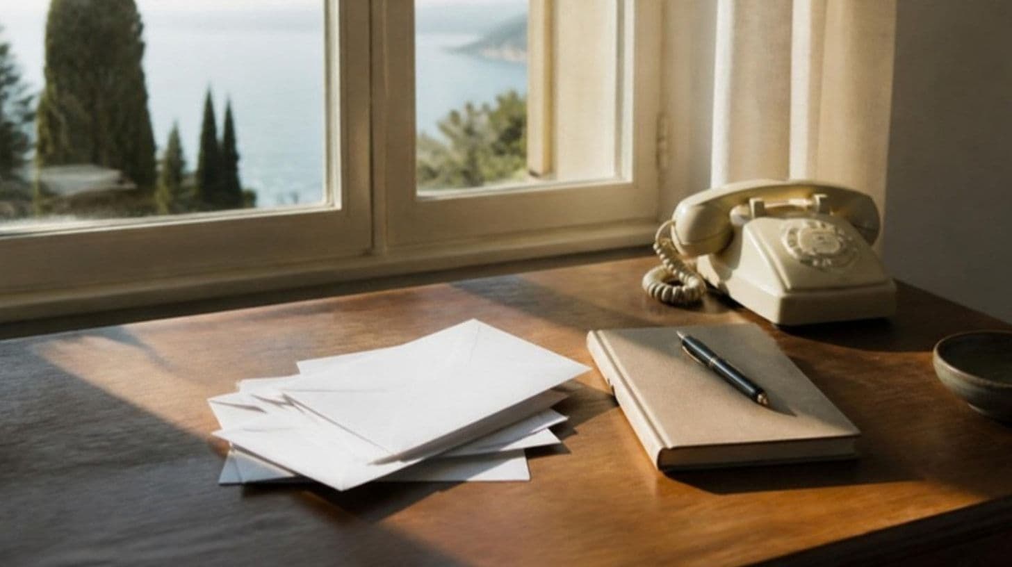 Wooden desk with blank envelopes, an old landline telephone and a notebook by a window