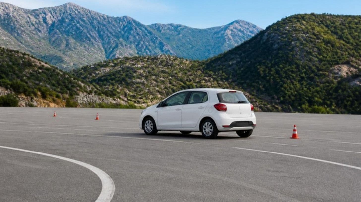 A driving school car on an empty training lot near mountains