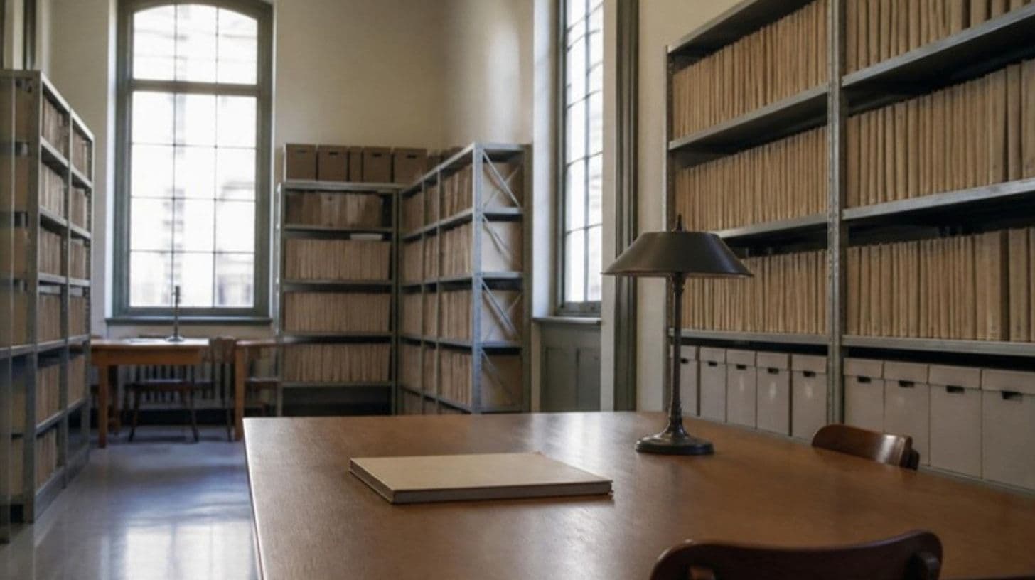Ein leerer Archivlesesaal mit Regalen voller Ordner und einem Holztisch