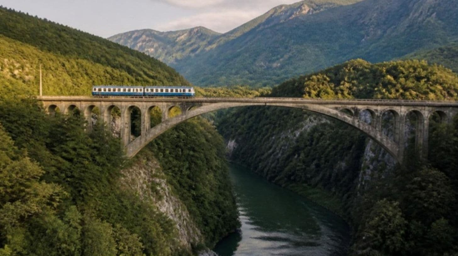 A passenger train on a stone bridge in the mountains of Montenegro