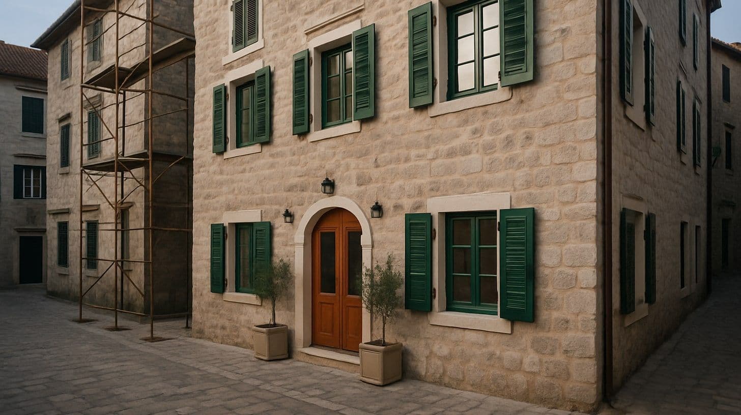 Kotor eski şehrinde yeşil panjurlu, bir yanı iskeleli taş bir butik otel cephesi