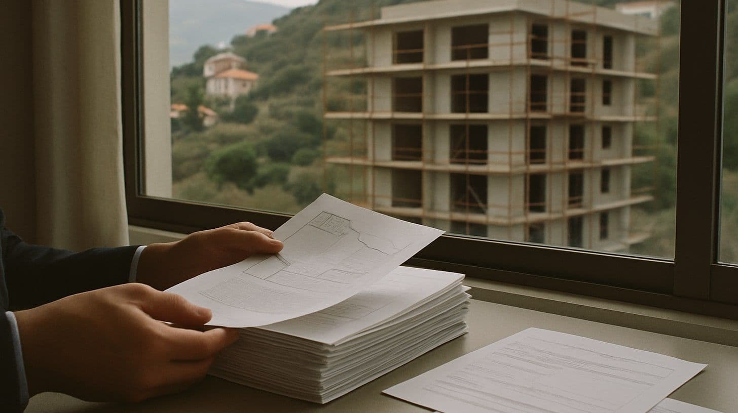 Un acquirente sfoglia documenti immobiliari su un tavolo, dalla finestra si vede un palazzo in costruzione
