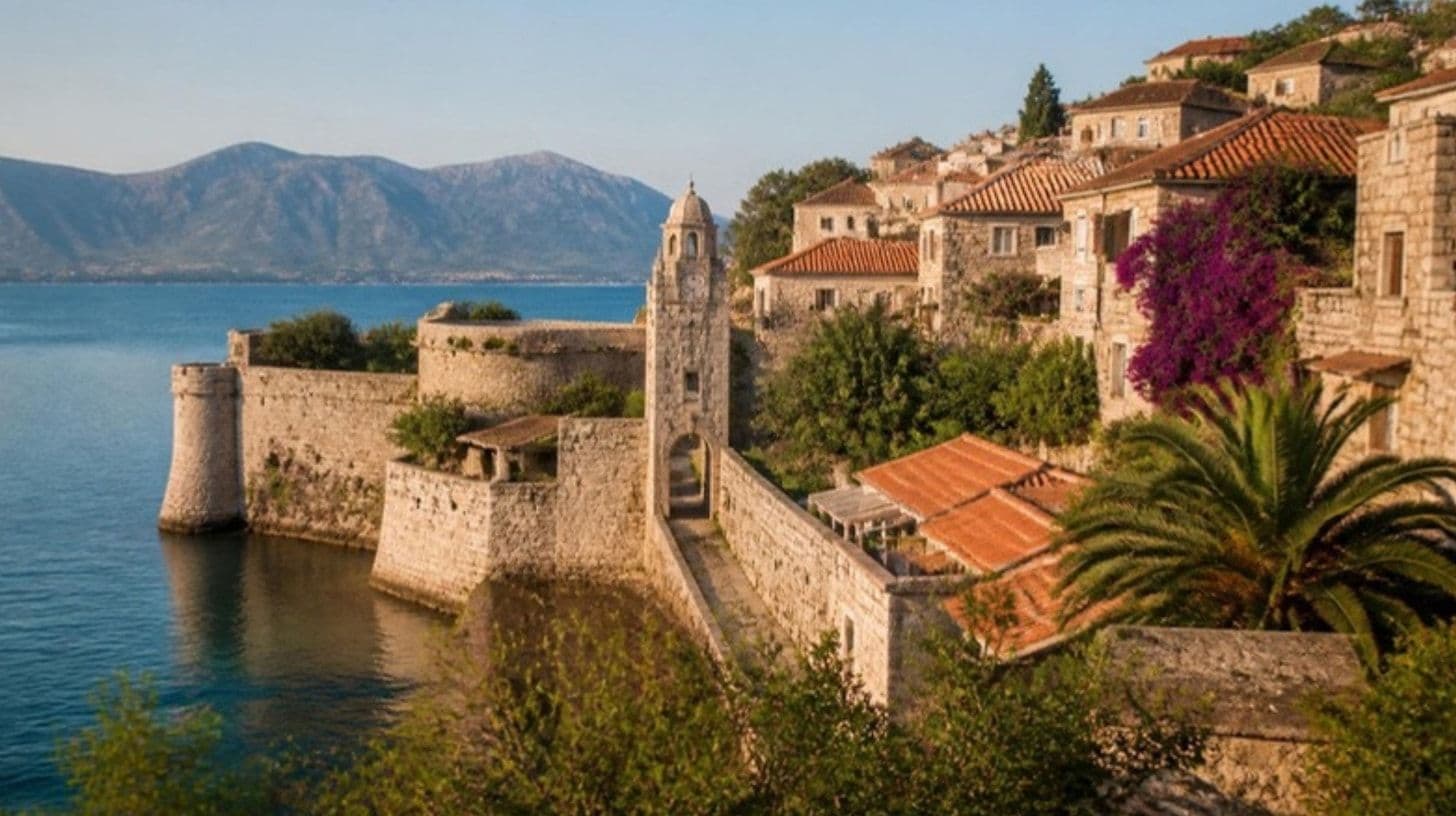 A stone fortress above the sea and an old town with a clock tower