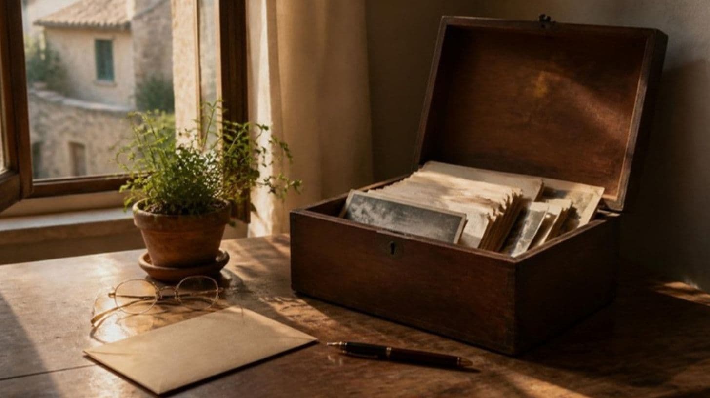 An old wooden box of family documents, an envelope, a fountain pen and reading glasses on a table