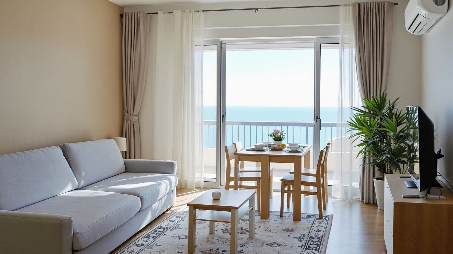 Neu eingerichtetes Wohnzimmer mit Sofa, Esstisch und Meerblick
