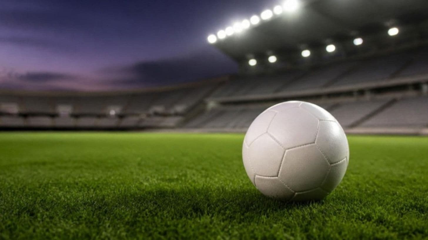 Un pallone da calcio sul prato di uno stadio sotto i riflettori la sera